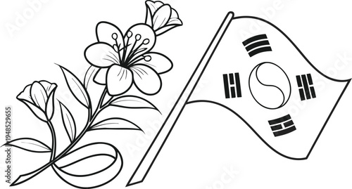 South korean flag with peach blossom branch flower