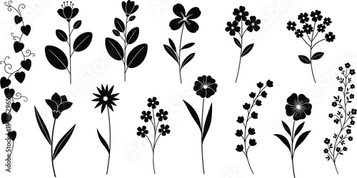 Set of Minimalist Floral Silhouettes and Botanical Elements Isolated on White Background for Wedding Invitations Greeting Cards and Decorative Graphic Design Projects