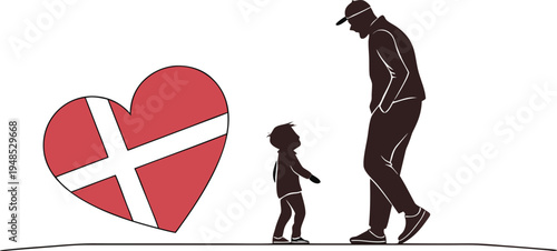 Father and child walking beside danish heart symbol denmark danish flag