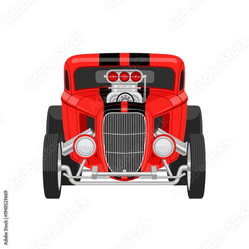 Vintage Red Hot Rod Car with Supercharger and Racing Stripes