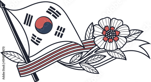 South korea memorial day with nation flag ribbon flower