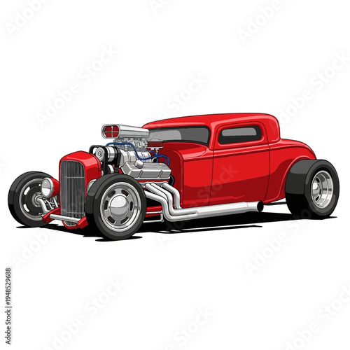 Vintage Red Hot Rod Coupe with Exposed Engine and Chrome Details