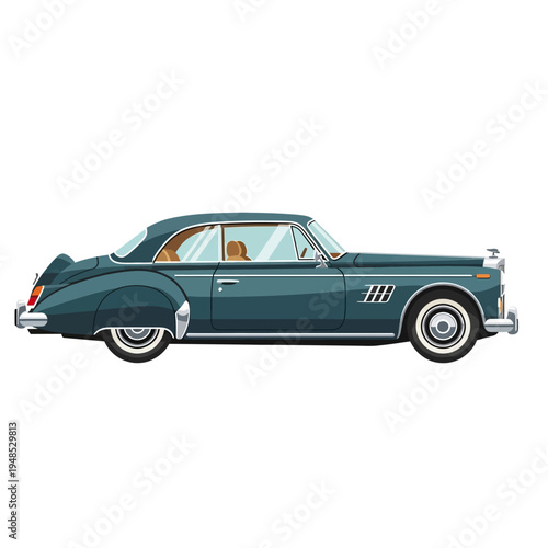 Vintage Teal Classic Car Side View Isolated on White Background