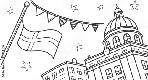 Swedish flag waving in front of building with bunting sweden