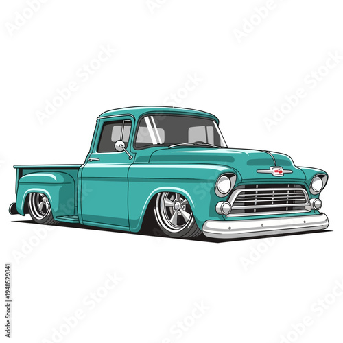 Vintage Teal Pickup Truck, Classic American Hot Rod, Custom Lowrider Vehicle