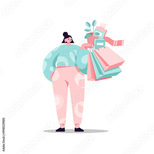 Woman carries shopping bags with purchases, lifestyle illustration