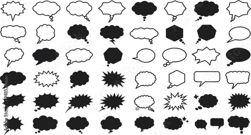 Comic speech and thought bubbles vector set, various styles, black and white, flat cad drawing, cartoon graphic, isolated shapes