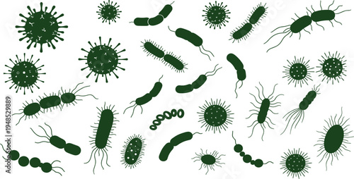 Set of various green viruses and bacteria silhouettes isolated on white background, perfect for microbiology, medical science, and health-related concepts flat vector illustration
