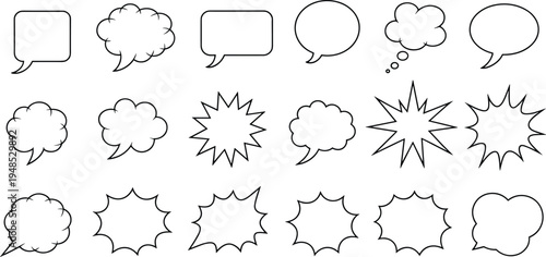 Comic speech bubble set, cartoon dialogue balloon collection, outline style, empty text cloud elements, cad drawing, flat vector illustration