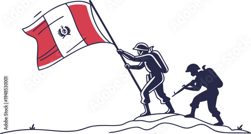 Peru soldiers raising flag on hill during battle of arica peruvian flag military
