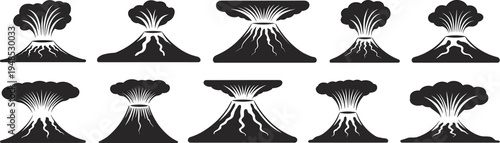Set of vector illustrations of volcanic eruptions with smoke, lava flow, and ash clouds, isolated on a white background.

 flat vector illustration