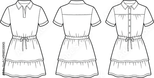 Short sleeve collared tiered dress fashion illustration, technical flat sketch, button waist tie design, apparel template front back, cad drawing flat vector