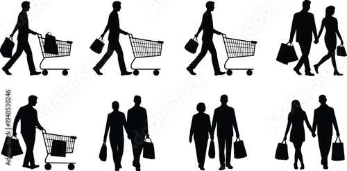 Shopping, buyers, consumers, retail, silhouettes, people, pushing, carts, carrying, bags, couples, walking, market, store, purchase, sale, commerce, lifestyle, black, icons