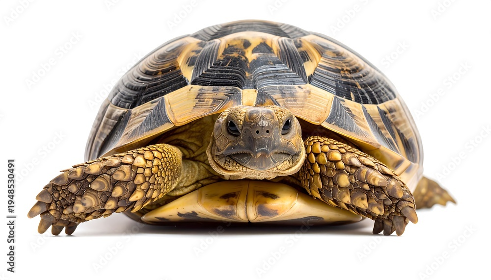 Fototapeta premium A tortoise stands, facing forward, showing its patterned shell and textured skin on a white background