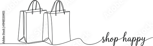 Shopping bags, shop happy, minimalist line art, retail icon, continuous line drawing, elegant design, vector style, flat illustration, commercial use