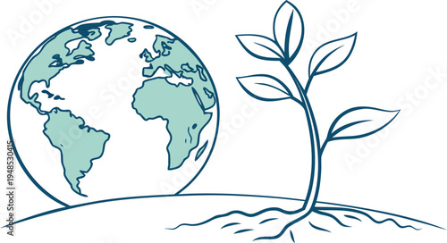 Green globe with plant growing from earth soil
