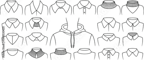 Shirt collar icon set, neckline styles, fashion design clipart, clothing vector elements, apparel illustration pack, flat vector illustration