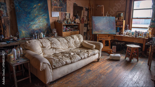 Art studio with a couch and various painting supplies in the room