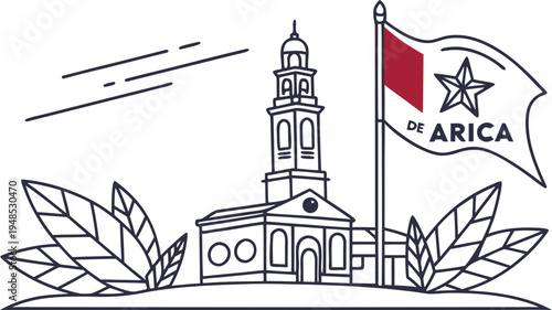 Battle of arica commemorative with church tower flag and leaves commemorative battle of arica