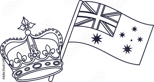 Australian flag and crown line black and white kings birthday