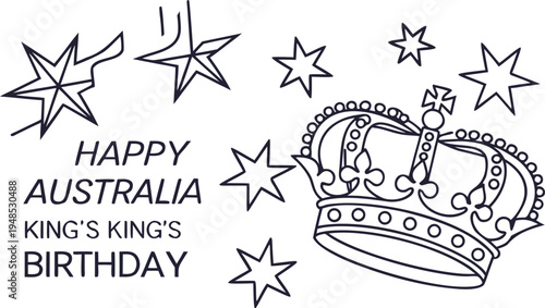Black and white of a crown with stars and australia kings birthday text king's birthday