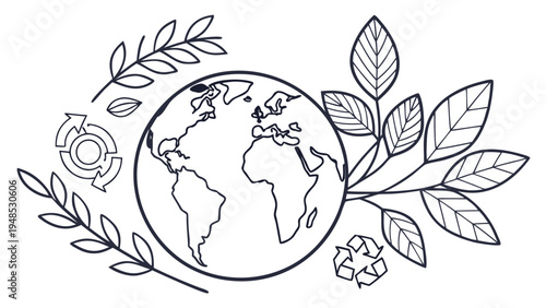 Black and white of globe surrounded by leaves and recycling symbol