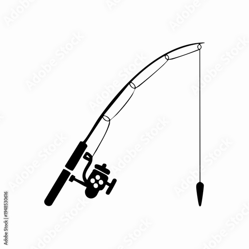 Black fishing rod and reel vector illustration.