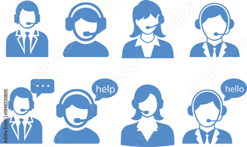 Customer service support representative icons with headset and speech bubbles
