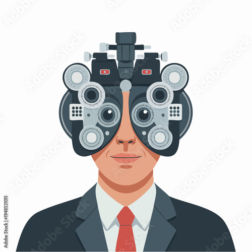 Businessman wearing eye test equipment.