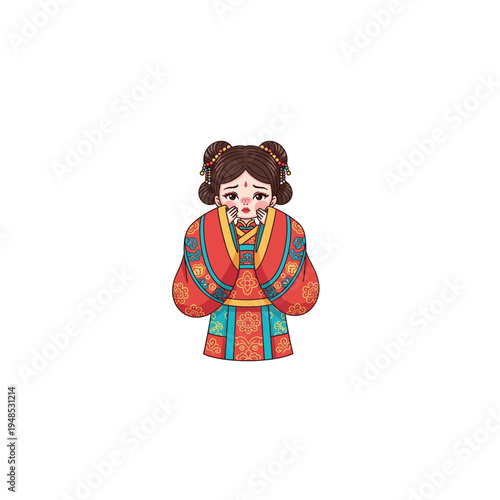 A cartoon girl wearing a traditional Chinese dress and hair buns looks worried.