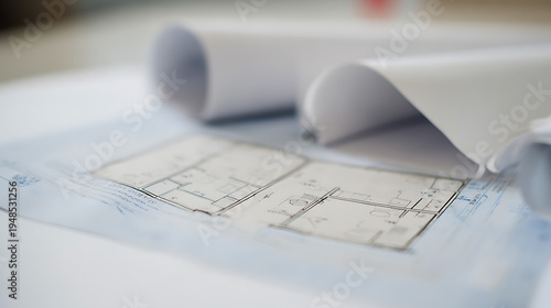 Wallpaper Mural Architectural Blueprint Plan on a Table with Rolled Drawings, Illustrating Design, Construction, and Development Concepts Torontodigital.ca