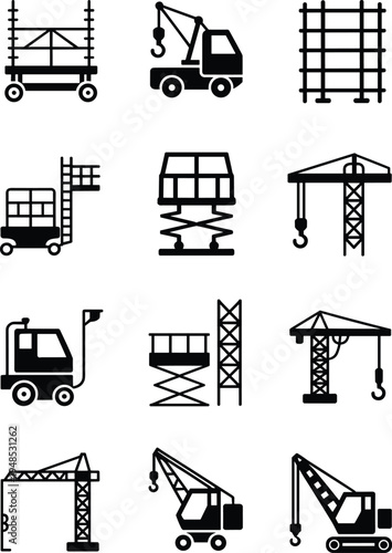 Construction equipment icons, cranes, scaffolding, lifts, gantry crane, tower crane, mobile crane, scissor lift, building machinery, industrial site, engineering tools