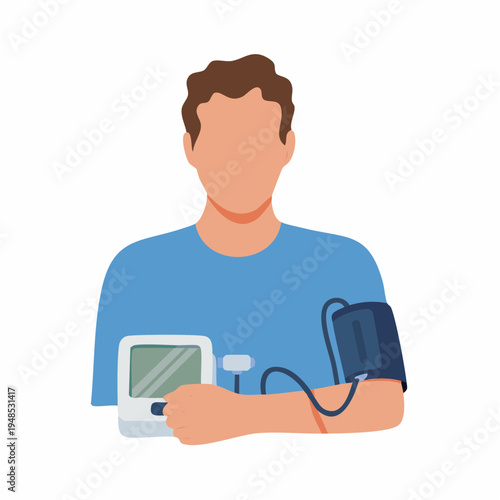 Man checking blood pressure with monitor.