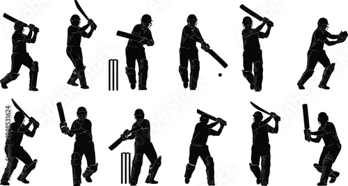 Cricket player silhouettes in various batting and playing positions