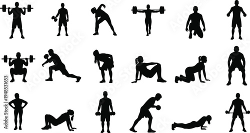 Collection of people exercising with weights and bodyweight