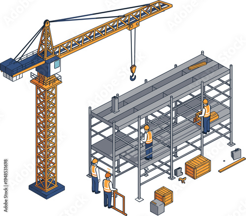 Construction site with crane, workers assembling scaffolding, safety gear, teamwork, lifting materials, building structure, engineering project, flat vector illustration