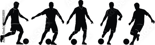 Silhouette of five soccer players in various poses