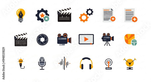A collection of flat design icons representing media production, creativity, technology, and content creation.