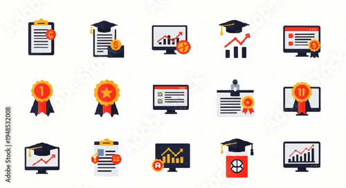 A collection of flat design icons representing online education, academic achievement, data analysis, and success in learning environments.