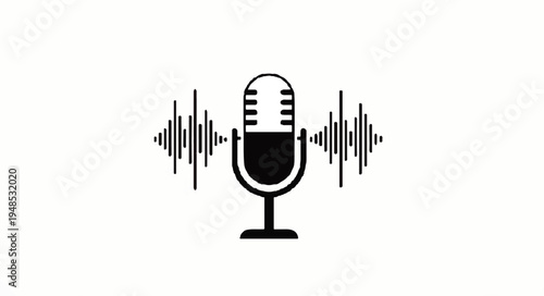 Black microphone icon with sound waves on a white background, symbolizing audio recording and broadcasting.