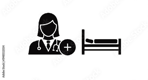 Black and white icon of a female doctor with a plus sign next to a hospital bed, symbolizing medical care and patient admission.