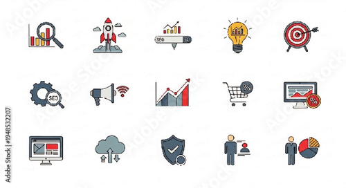 A collection of flat design icons representing various aspects of business, marketing, technology, and data analysis.