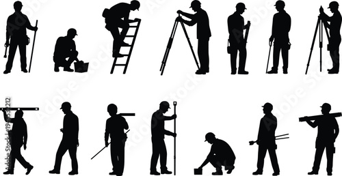 Construction worker silhouette collection with tools, measuring equipment, ladder climbing, tool belt, site activity, professional work posture, vector set flat vector illustration