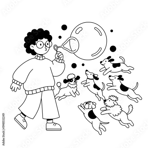 Professional dog walker with diverse pack of dogs chasing bubbles illustration or Line art illustration of a dog walker and playful mixed breed dogs blowing bubbles