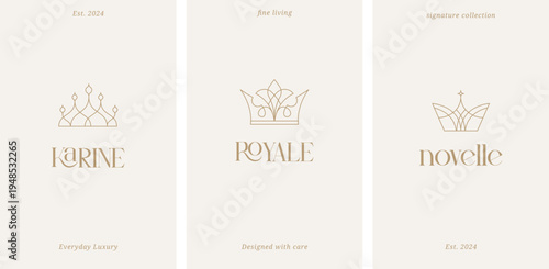 Luxury elegant line art crown logo design set. Minimalist gold linear icons collection.