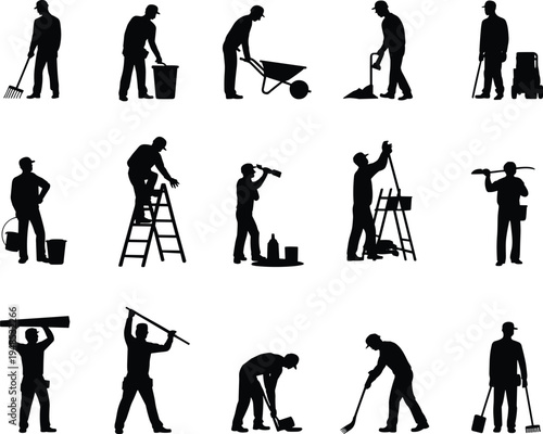 Construction worker silhouette set with tools, climbing ladders, lifting materials, digging, pushing wheelbarrow, site labor activity vector illustration flat vector illustration