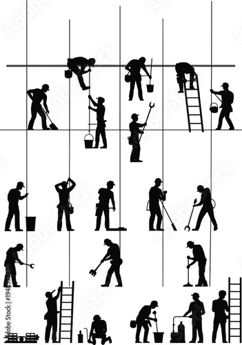 Construction worker silhouette, building site, multi story, manual labor, safety helmet, scaffolding work, heavy tools, industrial job, structural work, flat vector illustration