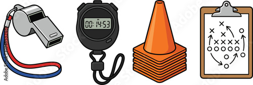 A coach uses a whistle and stopwatch near a traffic cone and clipboard with a sports strategy diagram.