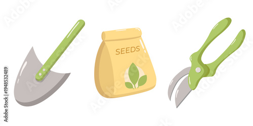 Cartoon-style illustration featuring a garden trowel, a yellow seed packet labeled “SEEDS” with a leaf motif, and green-handled pruning shears, in a cheerful design suitable for gardening, planting