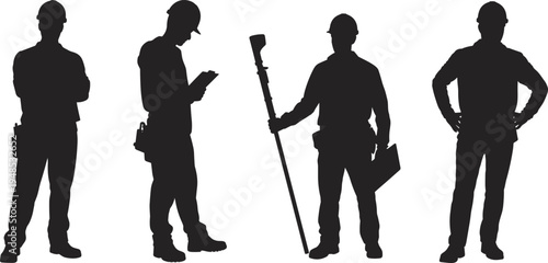 Construction worker silhouettes, engineer reading plan, surveyor holding instrument, builder standing 